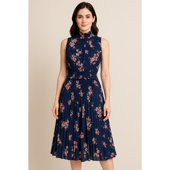 Nanette Lepore Dresses & Skirts - Nanette Lepore Cocktail Dress Navy Pink Floral Pleated Smocked Waist Size 12